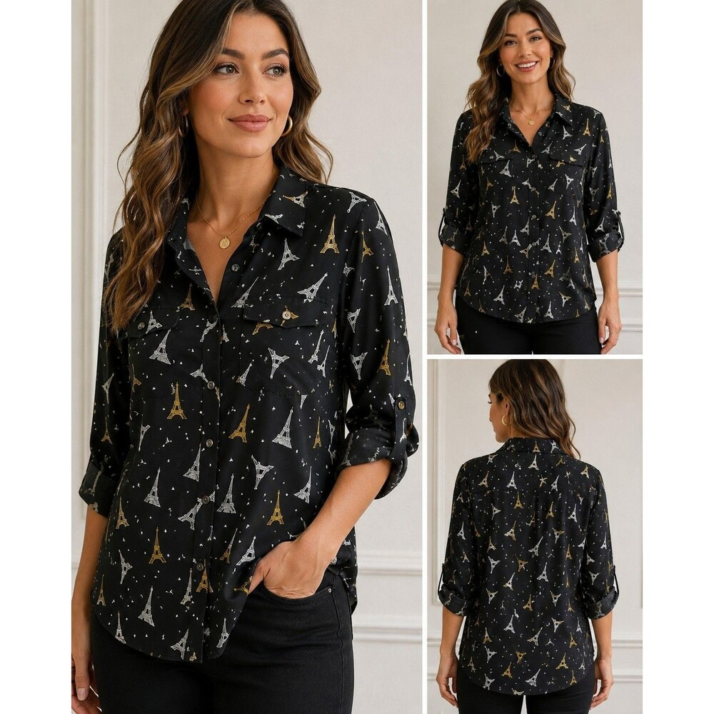 Karl Lagerfeld Paris Eiffel Tower Print Roll Tab Button Front Blouse Women’s...